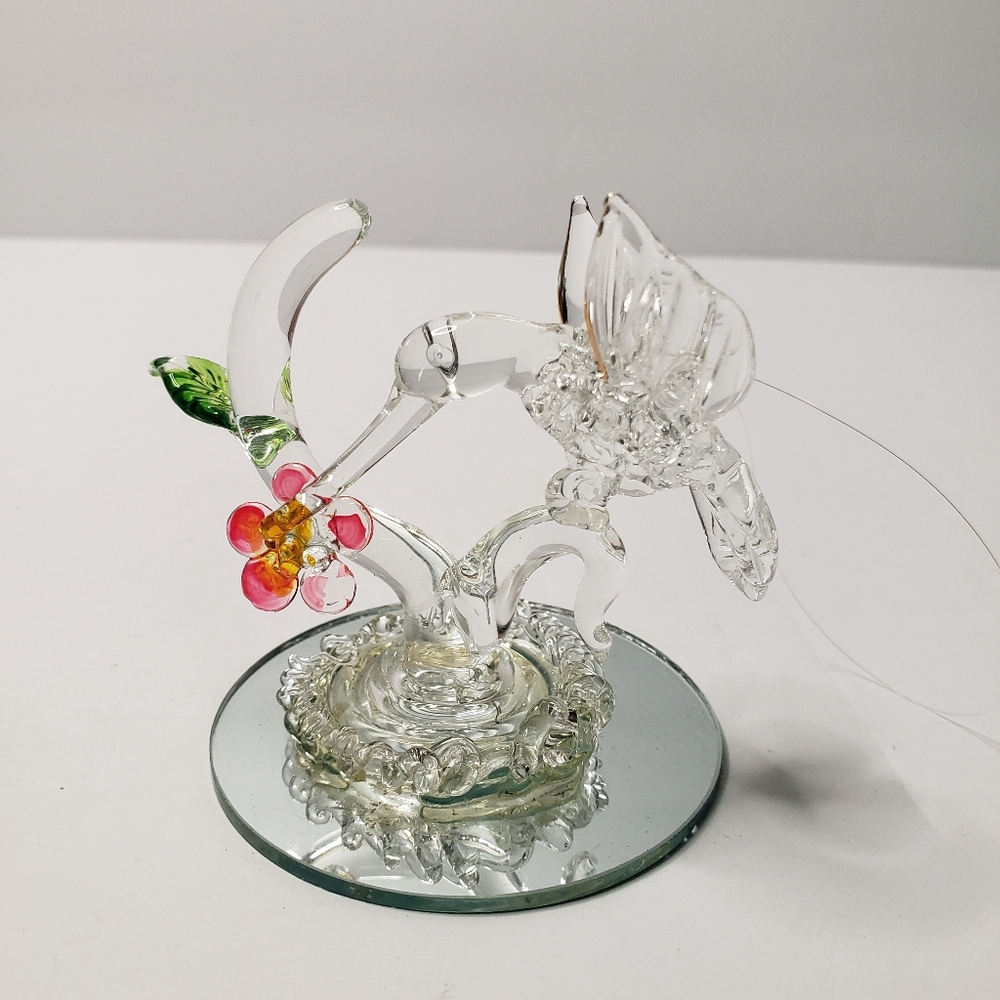 Glass hummingbird figurine with flower, spun glass handmade collection.113